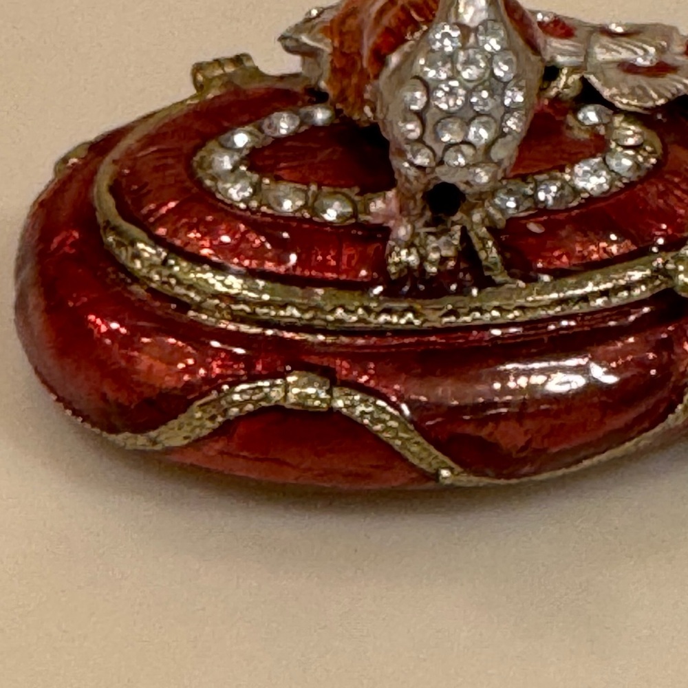 Jeweled Metal and Enamel Peacock Trinket Box With Magnetic Closure - Picture 7 of 11